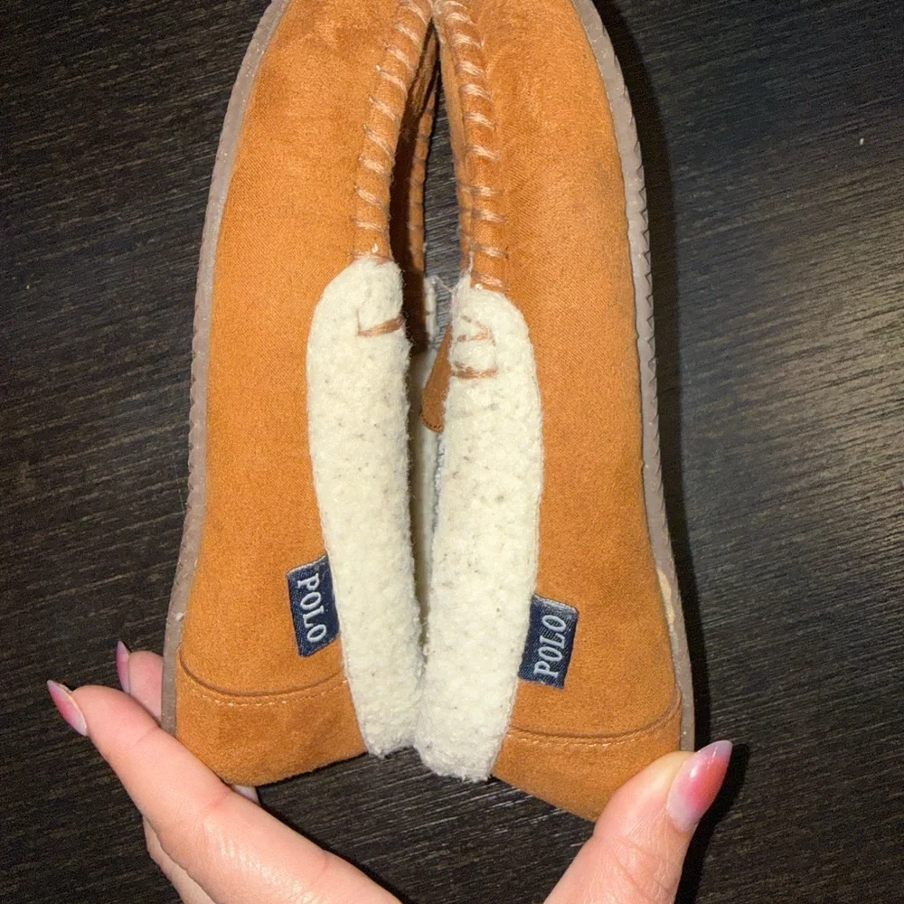 Ralph Lauren Tan Suede Slippers with Bear Motif